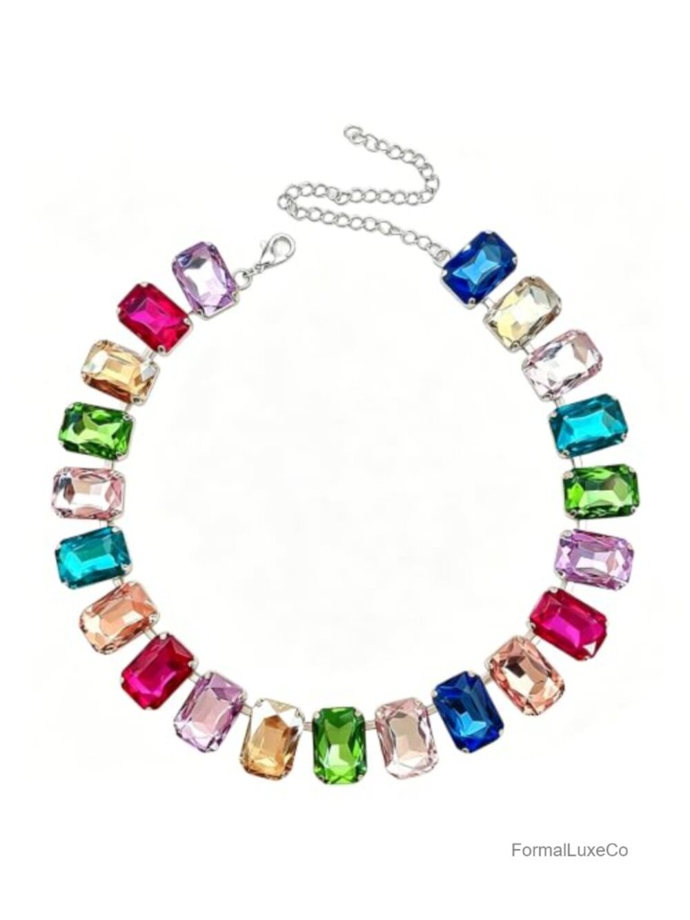 Octagon Cut Crystal Necklace - Rhodium Finish, Adjustable Hidden Safety Clasp